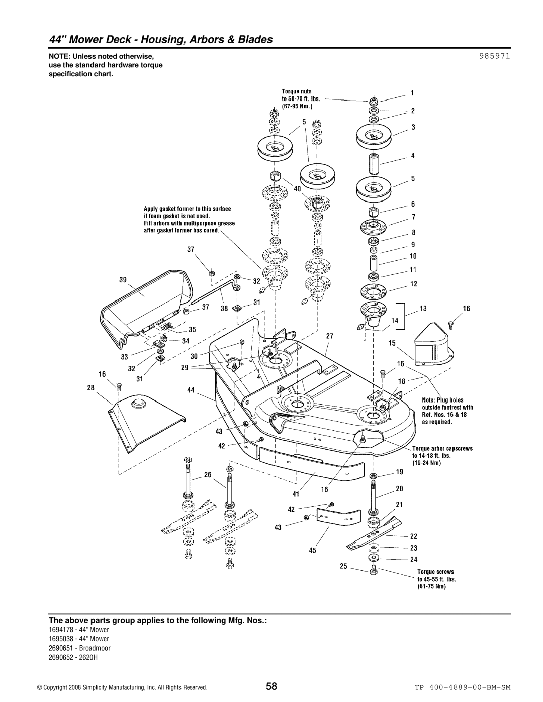 Simplicity 2600 Series manual Mower Deck Housing, Arbors & Blades, 985971 