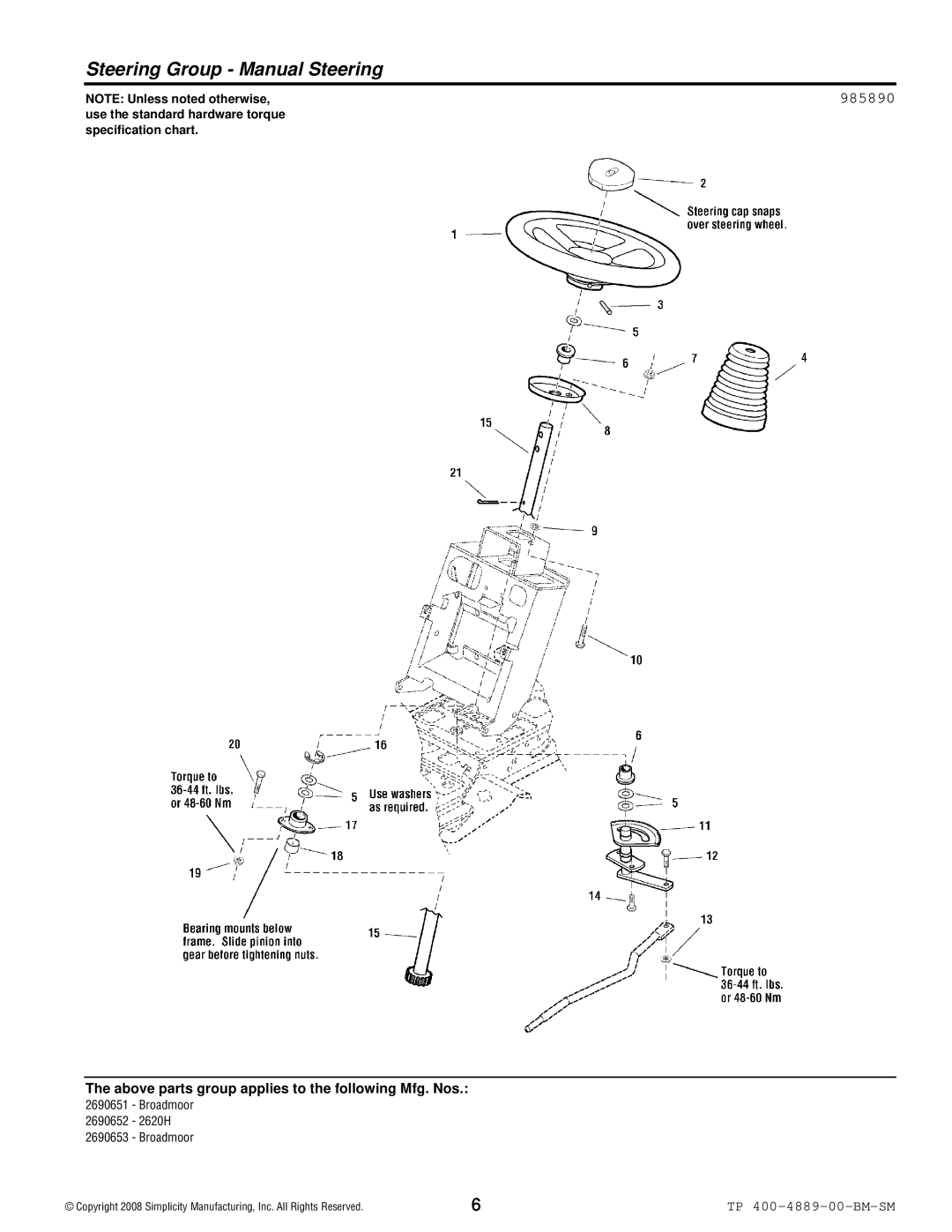 Simplicity 2600 Series manual Steering Group Manual Steering, 985890 