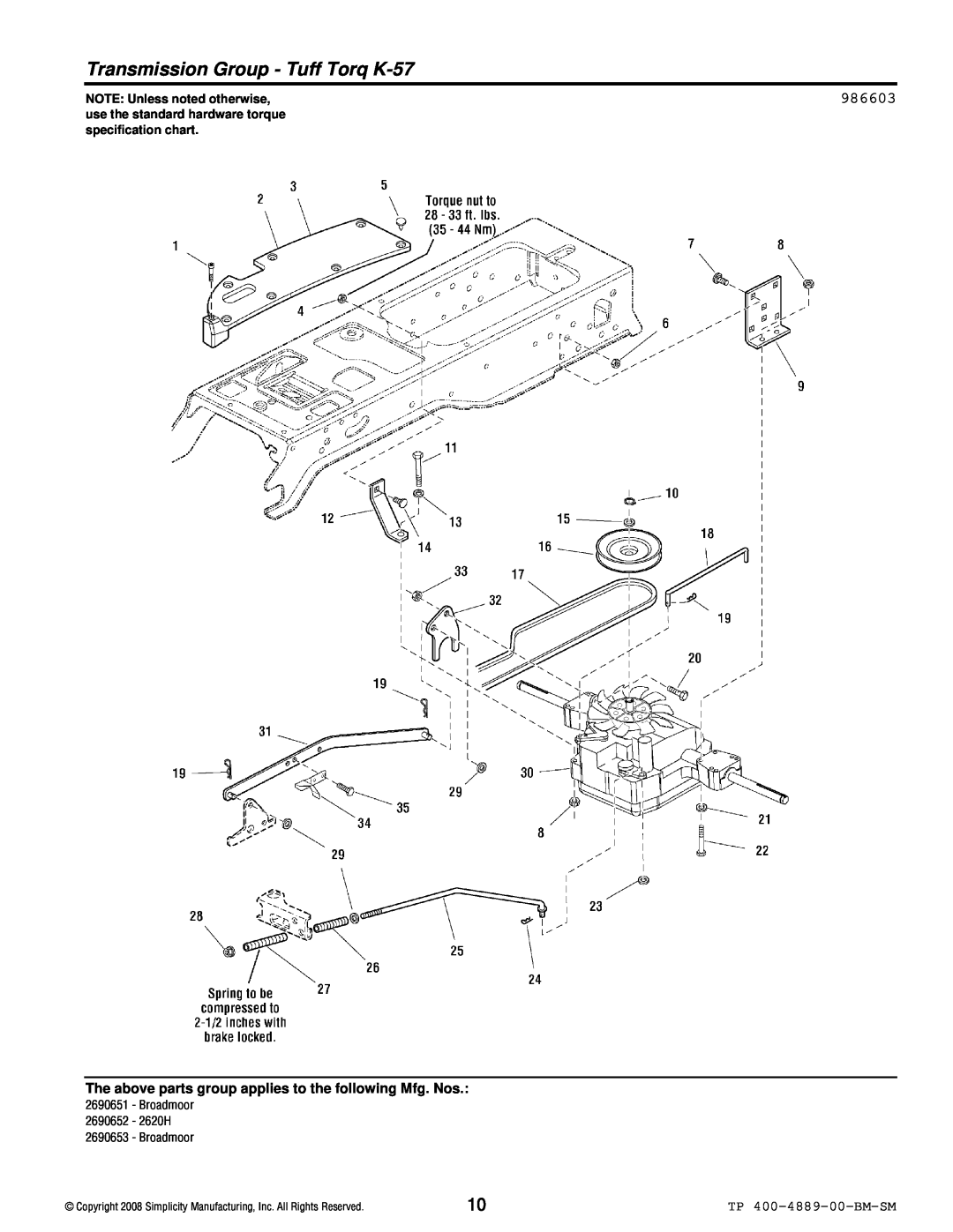 Simplicity 2600 Series Transmission Group - Tuff Torq K-57, 986603, TP 400-4889-00-BM-SM, NOTE: Unless noted otherwise 