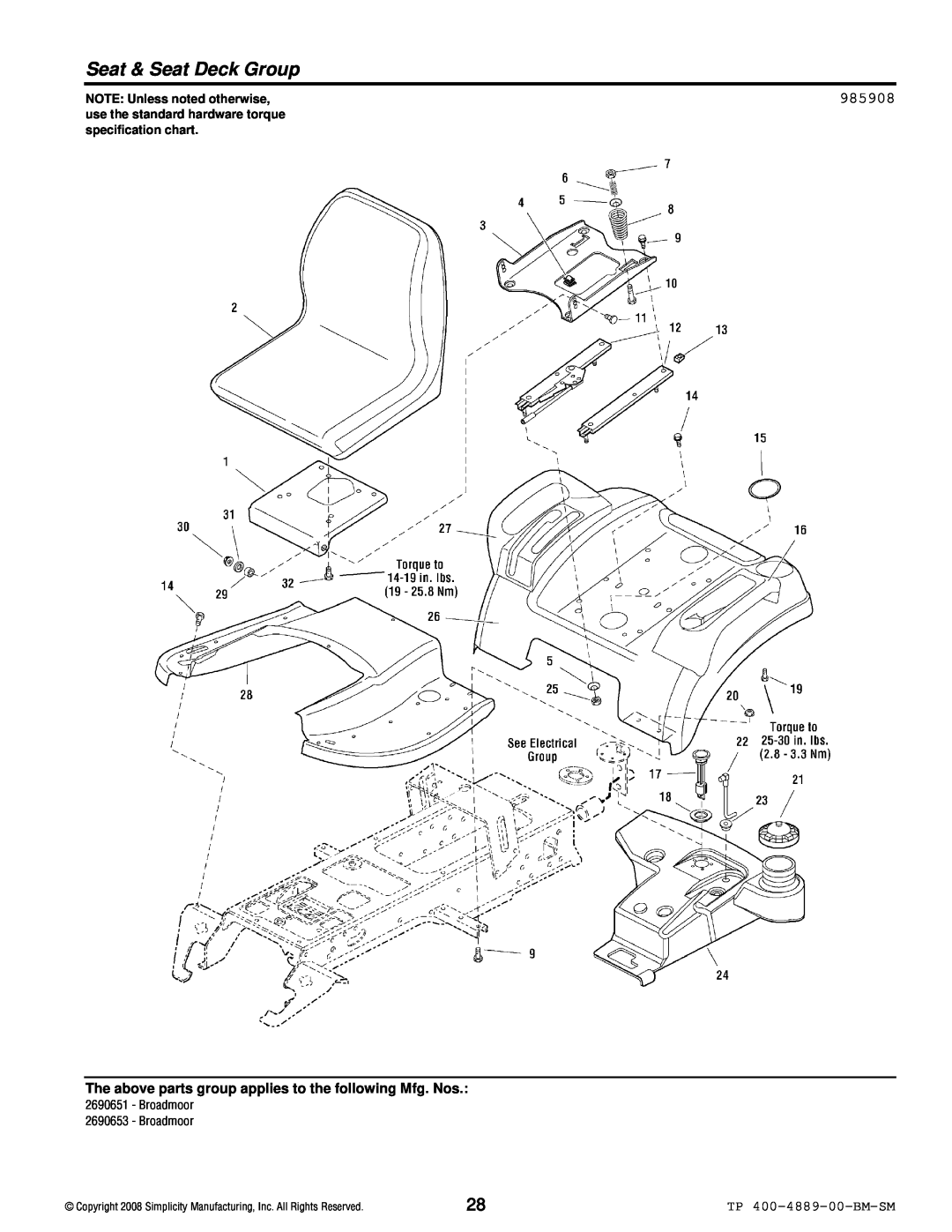 Simplicity 2600 Series manual Seat & Seat Deck Group, 985908, TP 400-4889-00-BM-SM, NOTE: Unless noted otherwise 