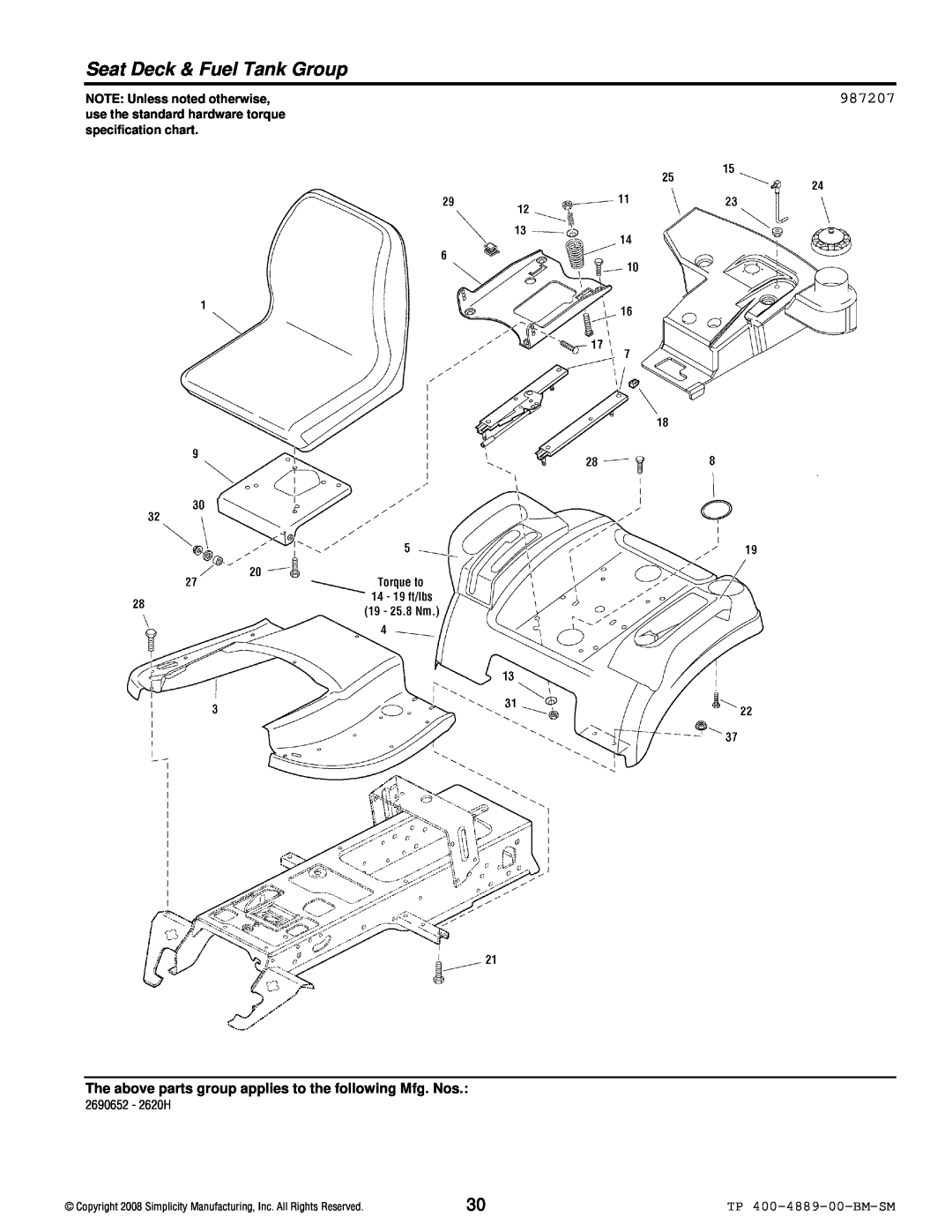 Simplicity 2600 Series manual Seat Deck & Fuel Tank Group, 987207, TP 400-4889-00-BM-SM, NOTE: Unless noted otherwise 