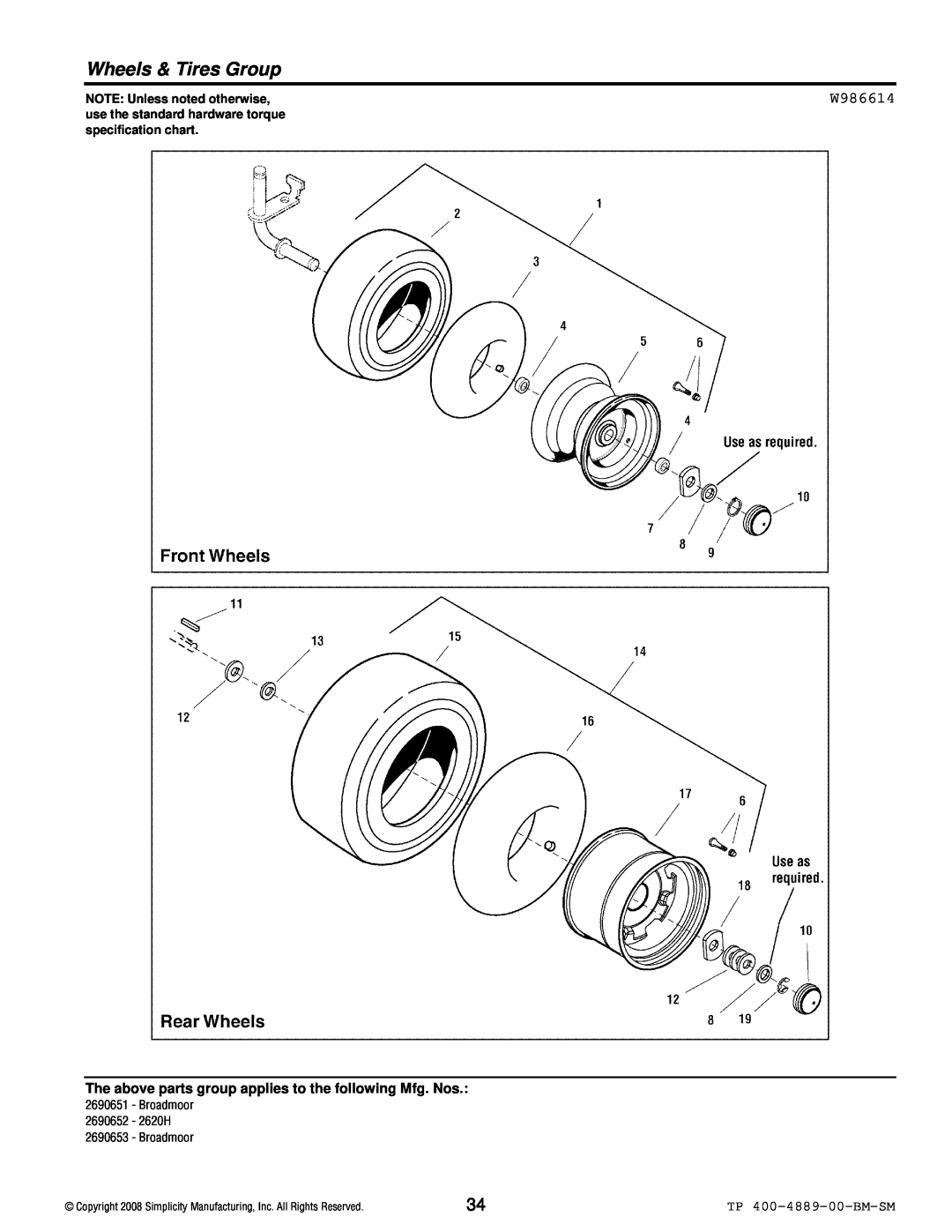 Simplicity 2600 Series manual Wheels & Tires Group, W986614, TP 400-4889-00-BM-SM, NOTE: Unless noted otherwise 