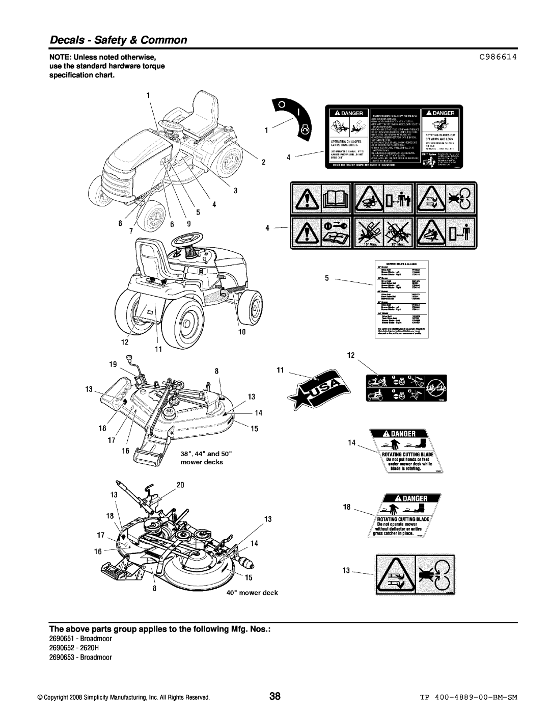 Simplicity 2600 Series manual Decals - Safety & Common, C986614, TP 400-4889-00-BM-SM, NOTE: Unless noted otherwise 