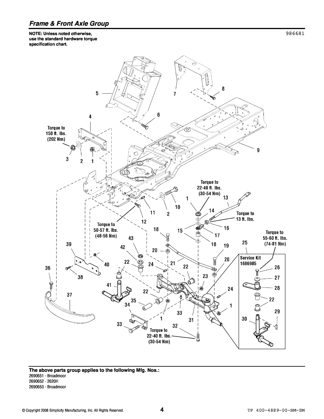 Simplicity 2600 Series manual Frame & Front Axle Group, 986681, TP 400-4889-00-BM-SM, NOTE: Unless noted otherwise 