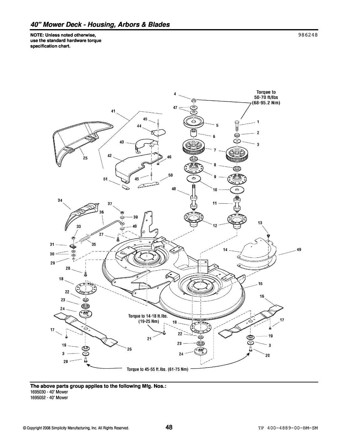 Simplicity 2600 Series Mower Deck - Housing, Arbors & Blades, 986248, TP 400-4889-00-BM-SM, NOTE: Unless noted otherwise 