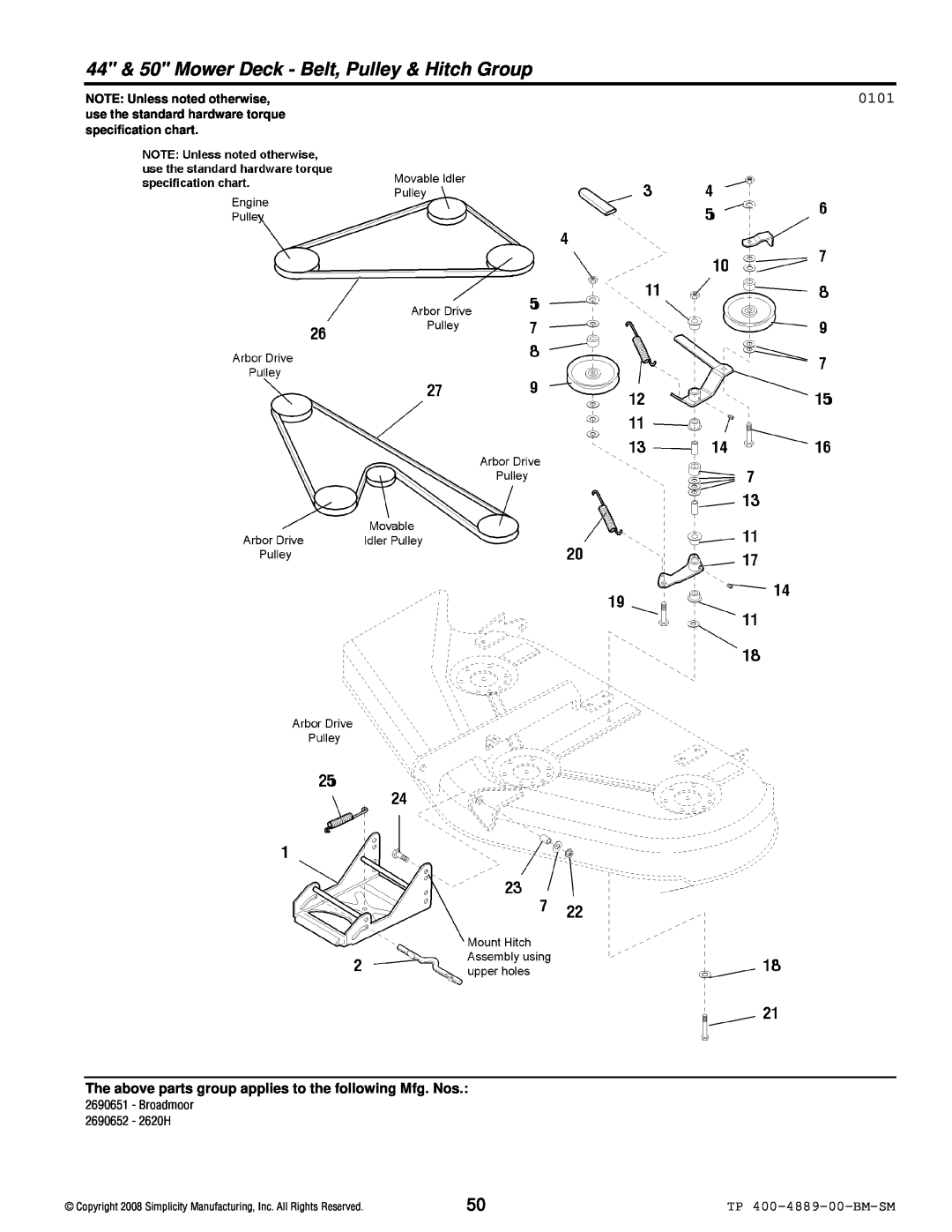 Simplicity 2600 Series manual 44 & 50 Mower Deck - Belt, Pulley & Hitch Group, 0101, TP 400-4889-00-BM-SM 