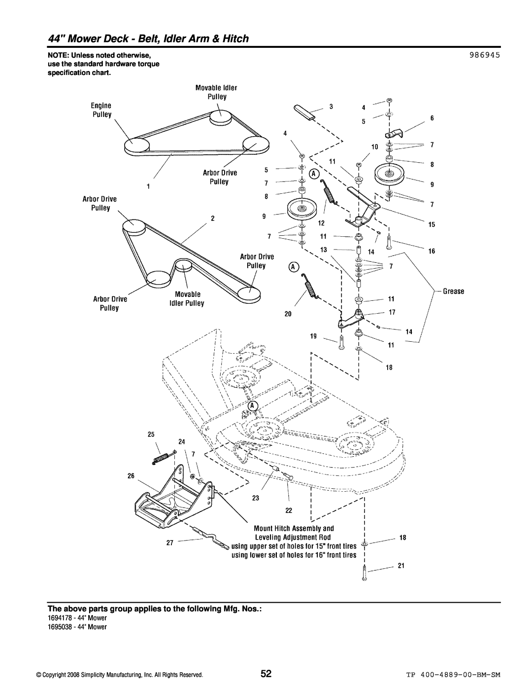 Simplicity 2600 Series Mower Deck - Belt, Idler Arm & Hitch, 986945, TP 400-4889-00-BM-SM, NOTE: Unless noted otherwise 
