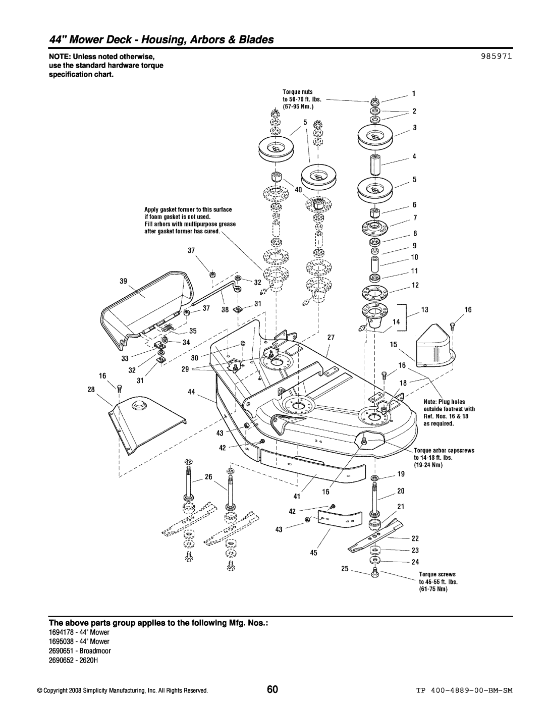 Simplicity 2600 Series Mower Deck - Housing, Arbors & Blades, 985971, TP 400-4889-00-BM-SM, NOTE: Unless noted otherwise 