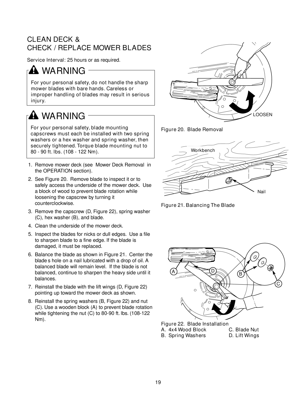 Simplicity 2690716, 2690770 instruction sheet Clean Deck Check / Replace Mower Blades, Blade Removal 