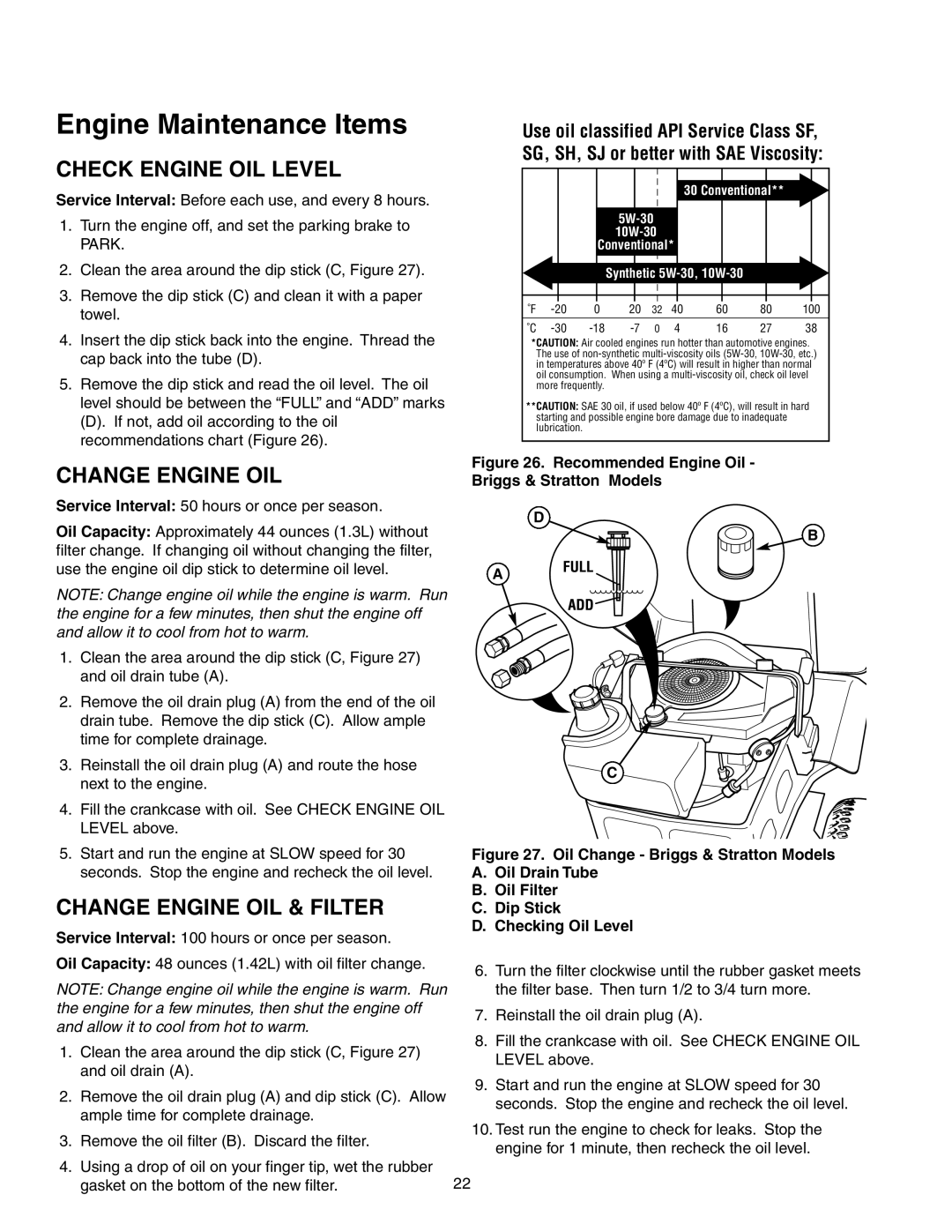 Simplicity 2690770, 2690716 instruction sheet Check Engine OIL Level, Change Engine OIL & Filter 