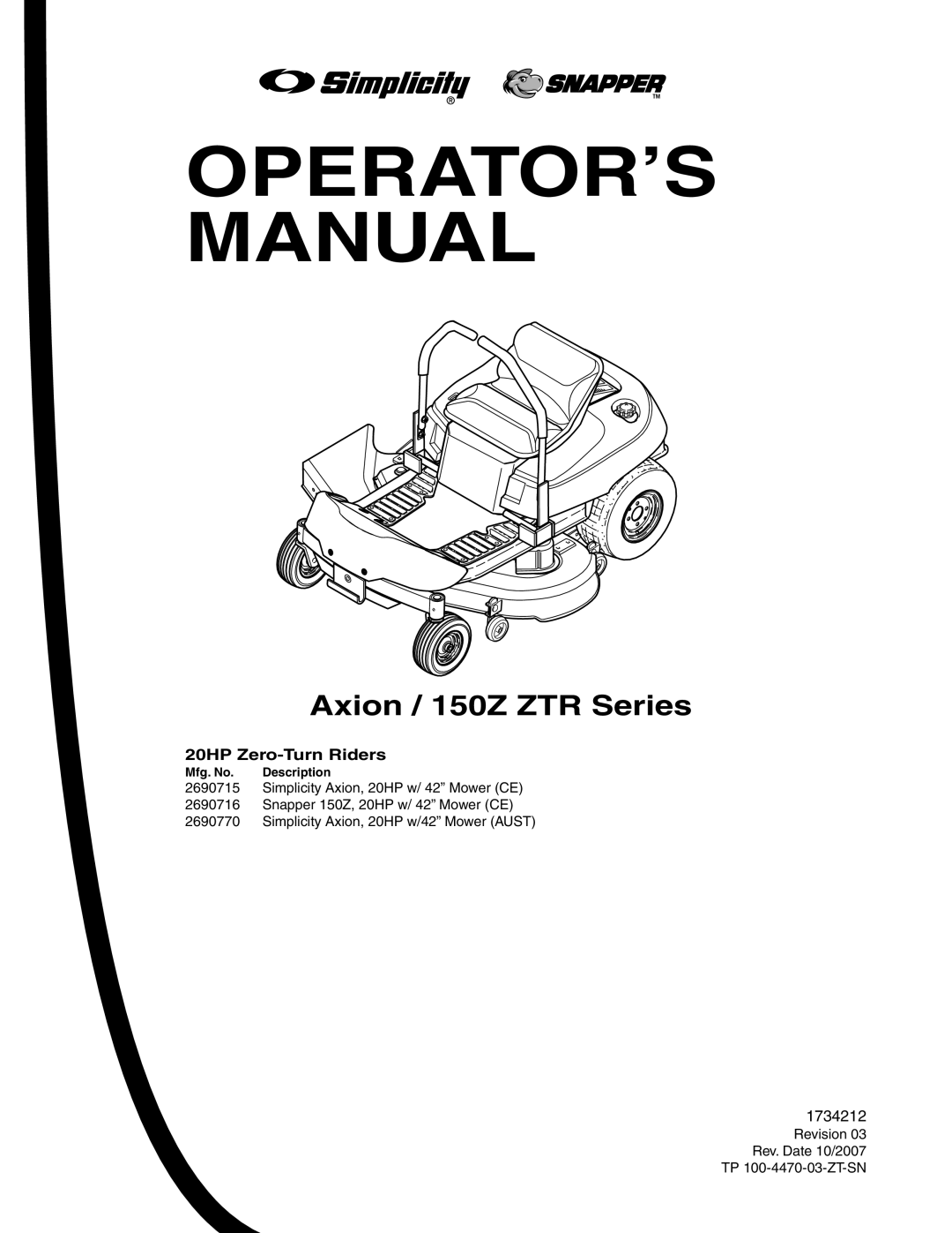 Simplicity 2690716, 2690770 instruction sheet OPERATOR’S Manual, 20HP Zero-Turn Riders 