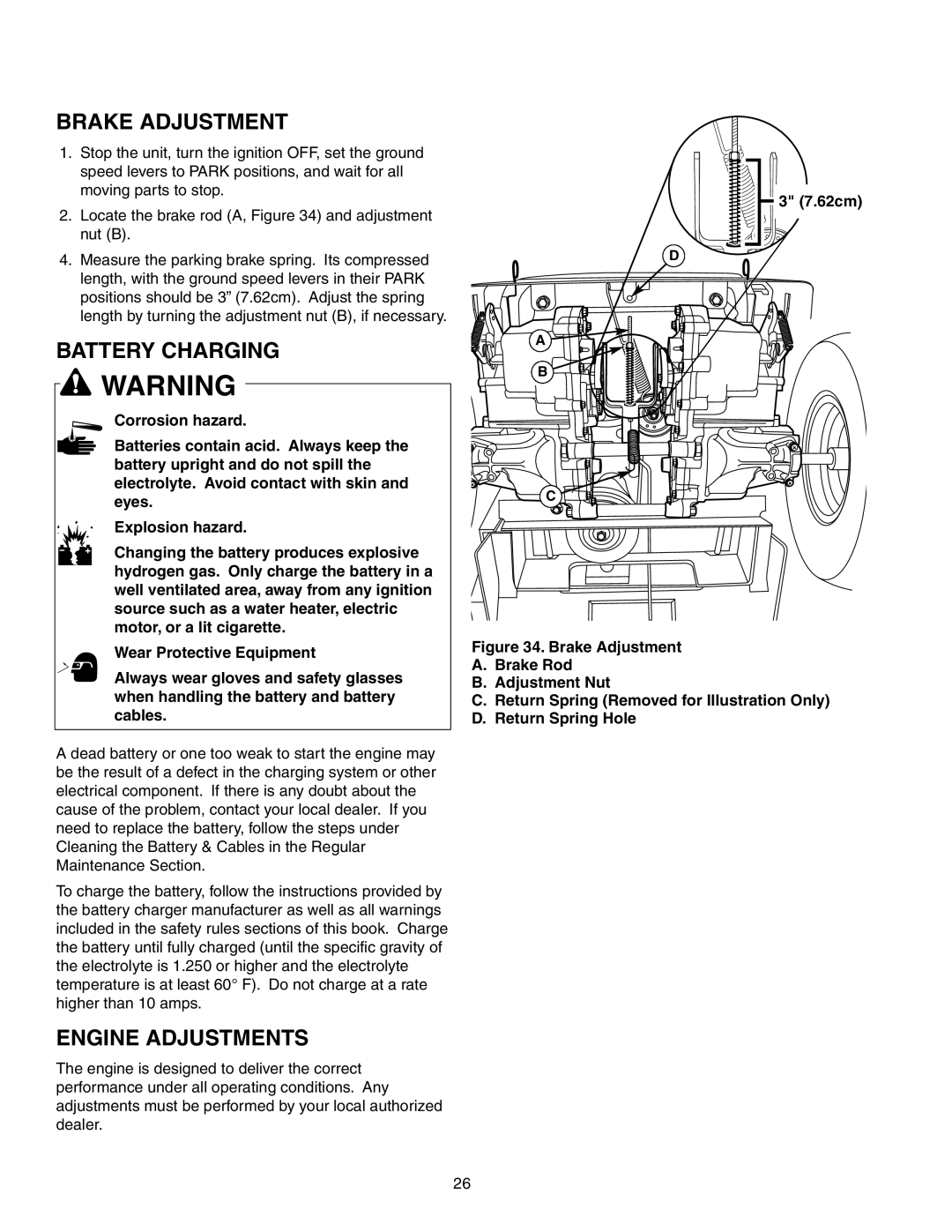 Simplicity 2690770, 2690716 instruction sheet Brake Adjustment, Battery Charging, Engine Adjustments, 62cm 