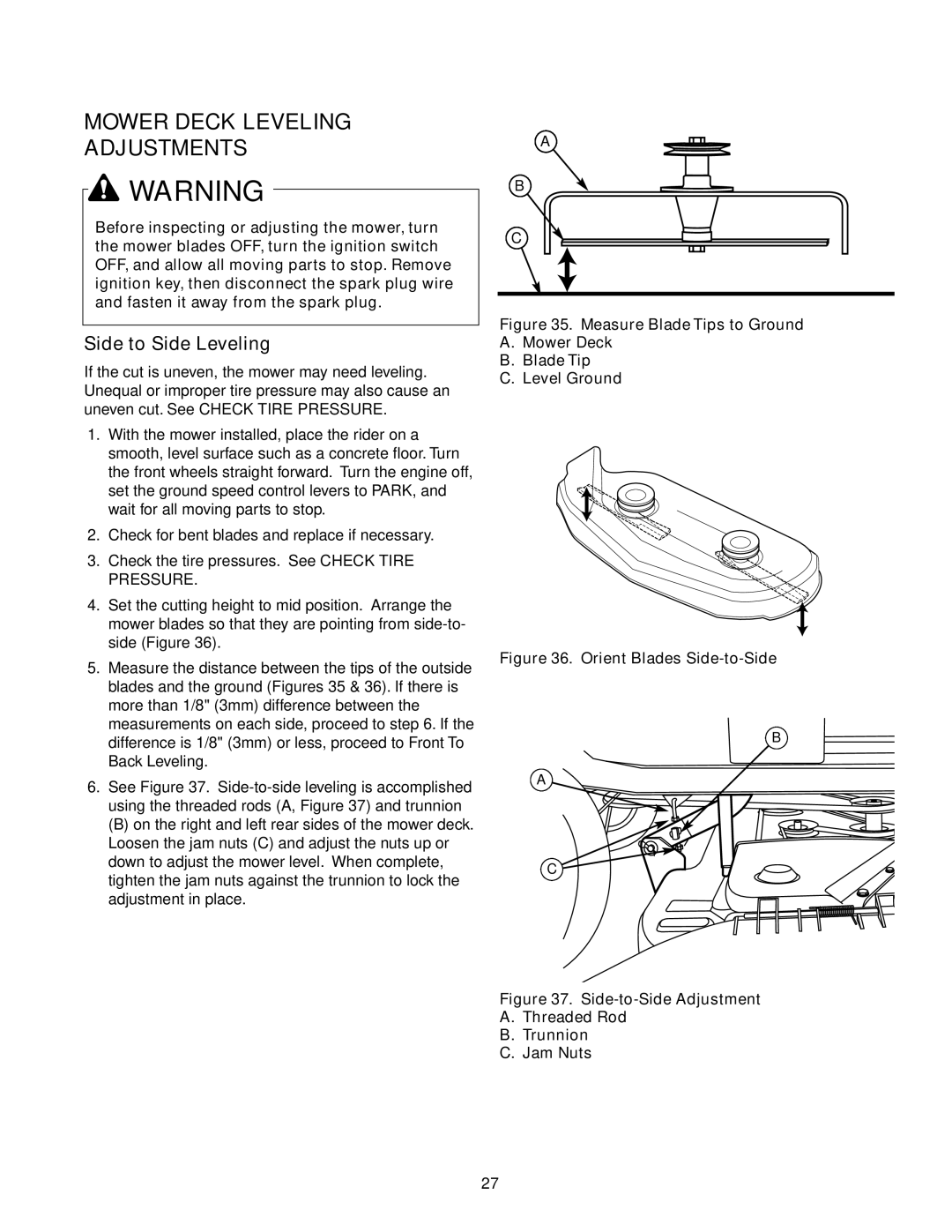 Simplicity 2690716, 2690770 instruction sheet Mower Deck Leveling Adjustments, Side to Side Leveling 