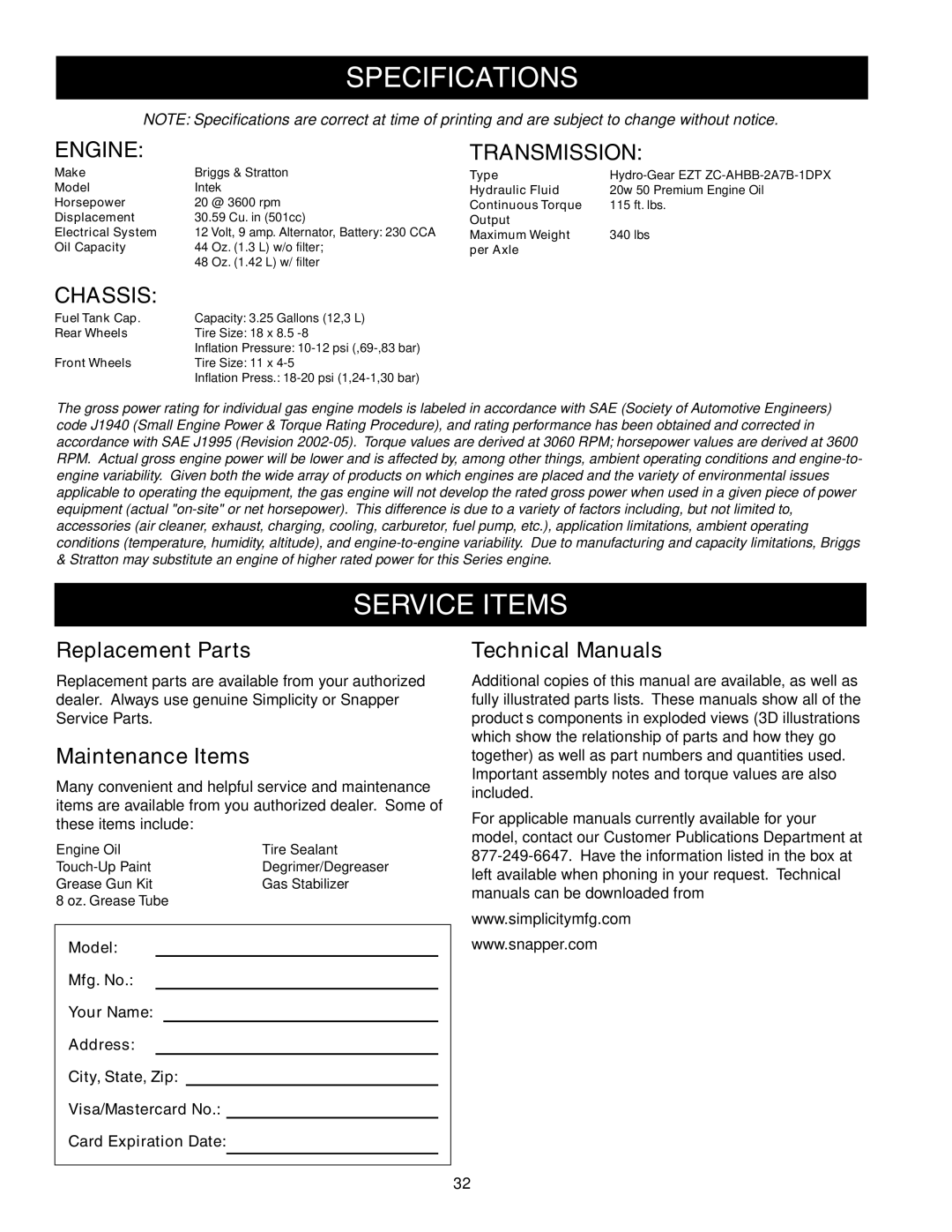 Simplicity 2690770, 2690716 instruction sheet Specifications, Service Items, Engine Transmission, Chassis 