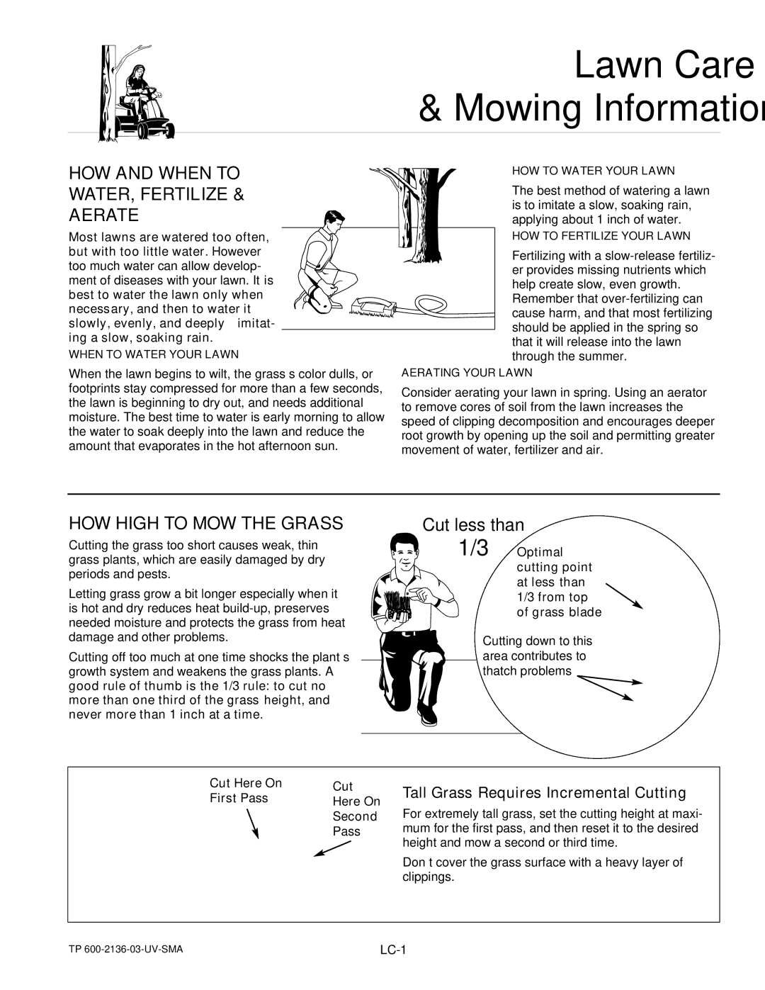 Simplicity 2690770, 2690716 instruction sheet HOW and When to, WATER, Fertilize, Aerate, HOW High to MOW the Grass 