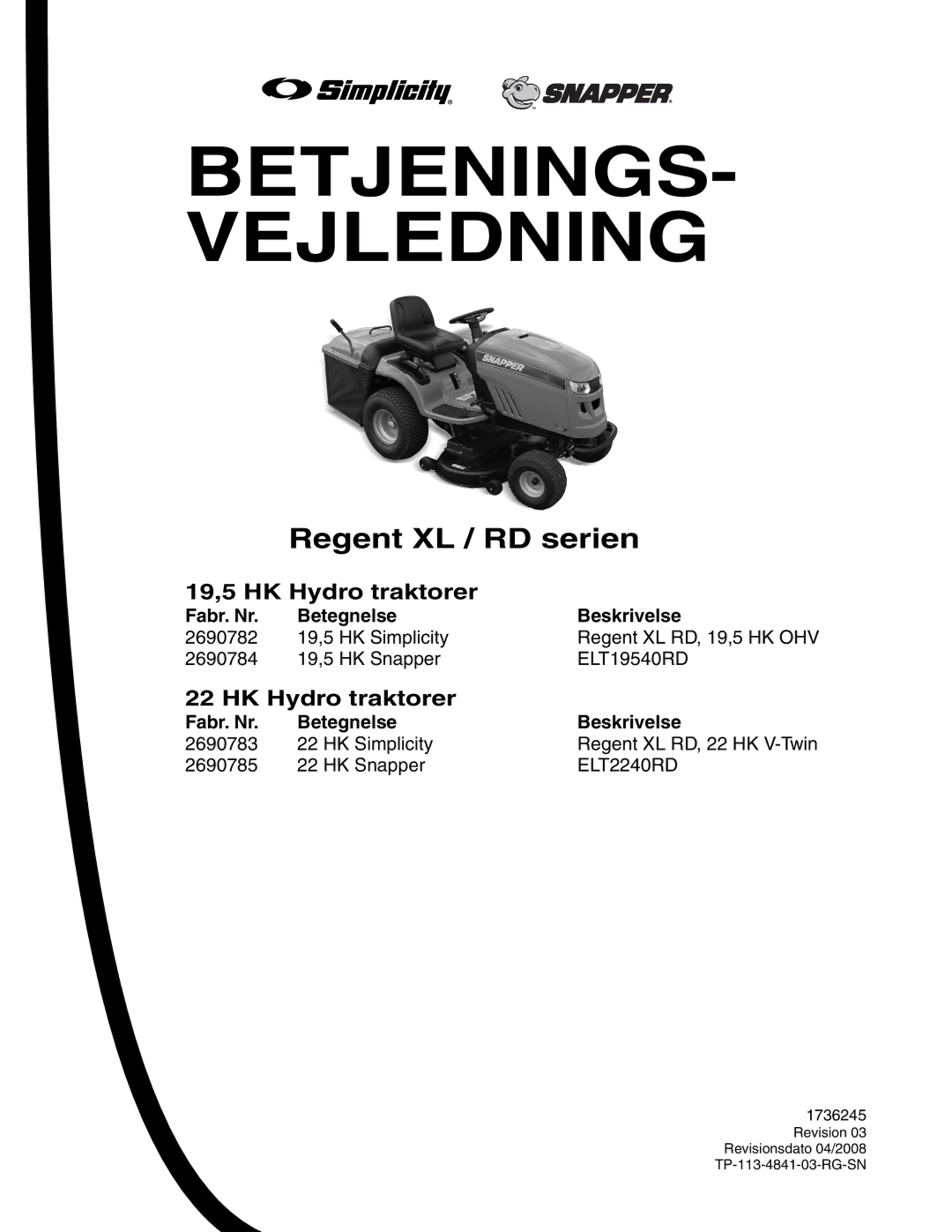 Simplicity 2690784, 2690782 manual BETJENINGS- Vejledning, Fabr. Nr Betegnelse Beskrivelse 