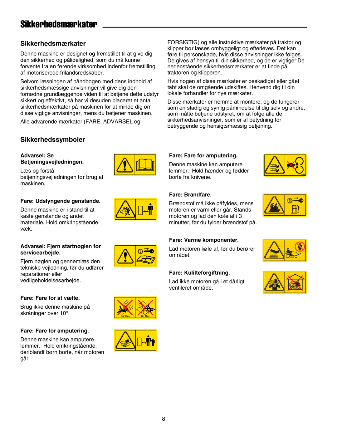 Simplicity 2690782, 2690784 manual Sikkerhedsmærkater, Sikkerhedssymboler 