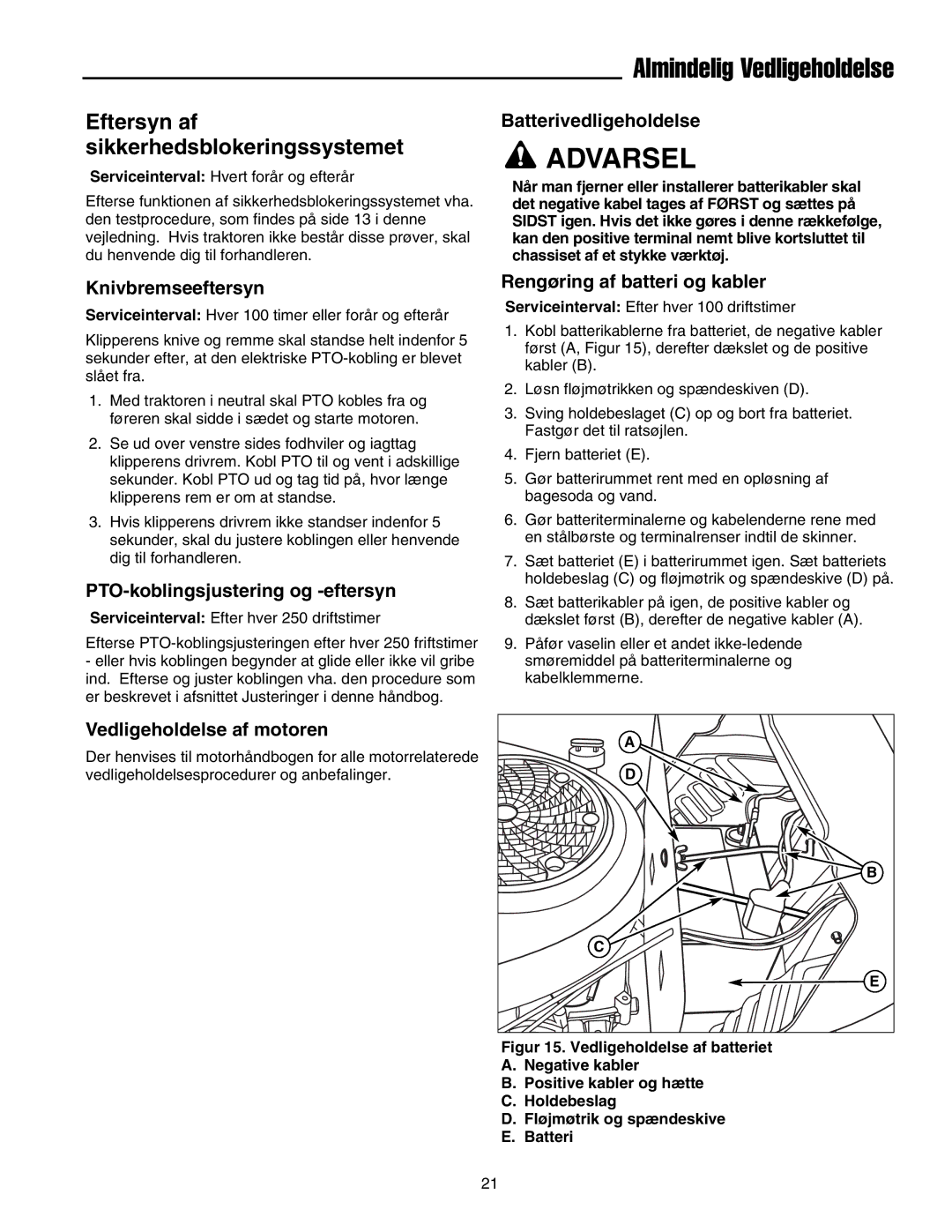 Simplicity 2690784, 2690782 manual Batterivedligeholdelse, Knivbremseeftersyn, PTO-koblingsjustering og -eftersyn 