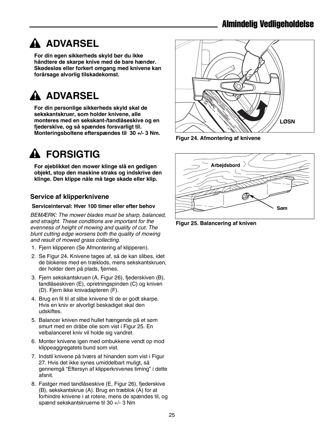 Simplicity 2690784, 2690782 manual Service af klipperknivene, Serviceinterval Hver 100 timer eller efter behov 