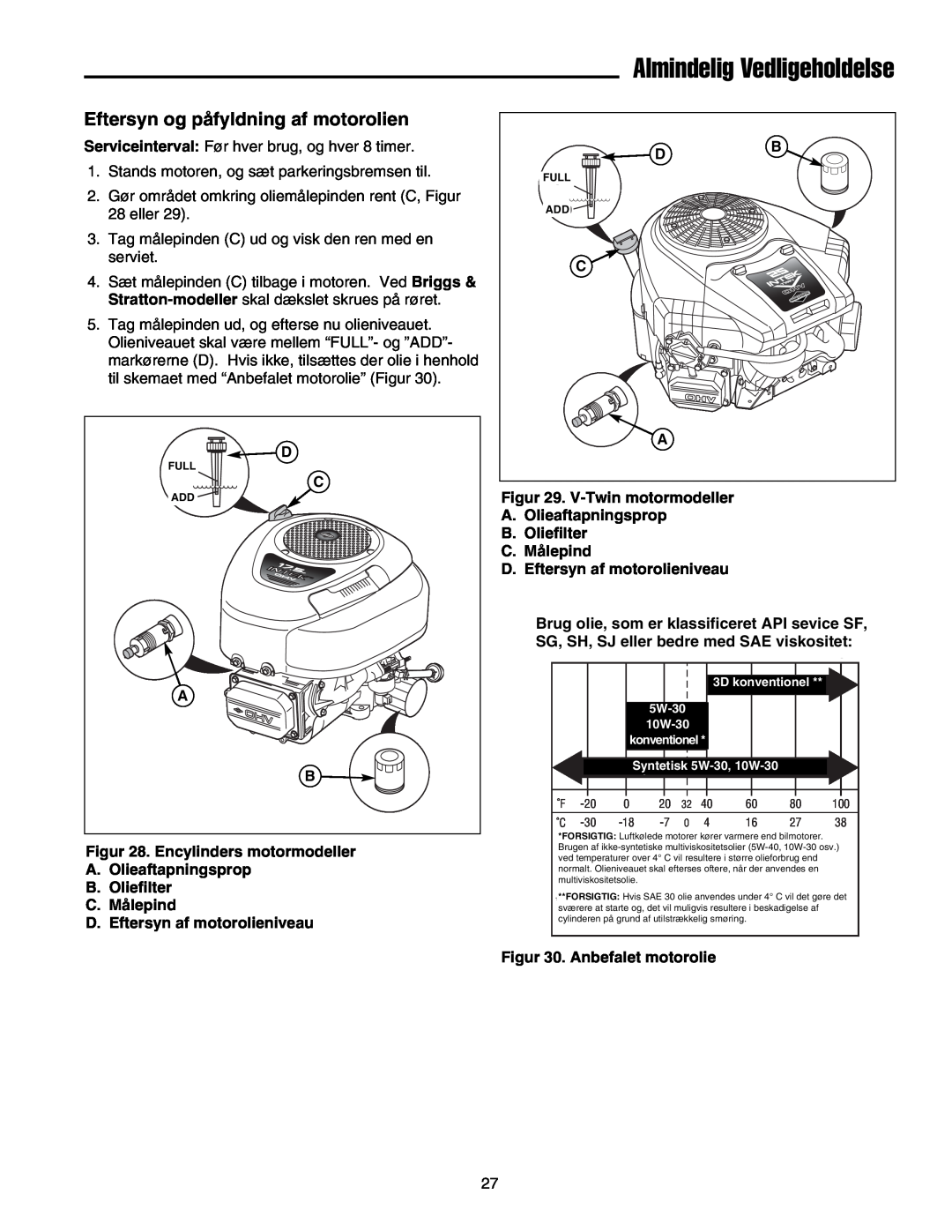 Simplicity 2690784, 2690782 manual Eftersyn og påfyldning af motorolien, SG, SH, SJ or better with SAE Viscosity 