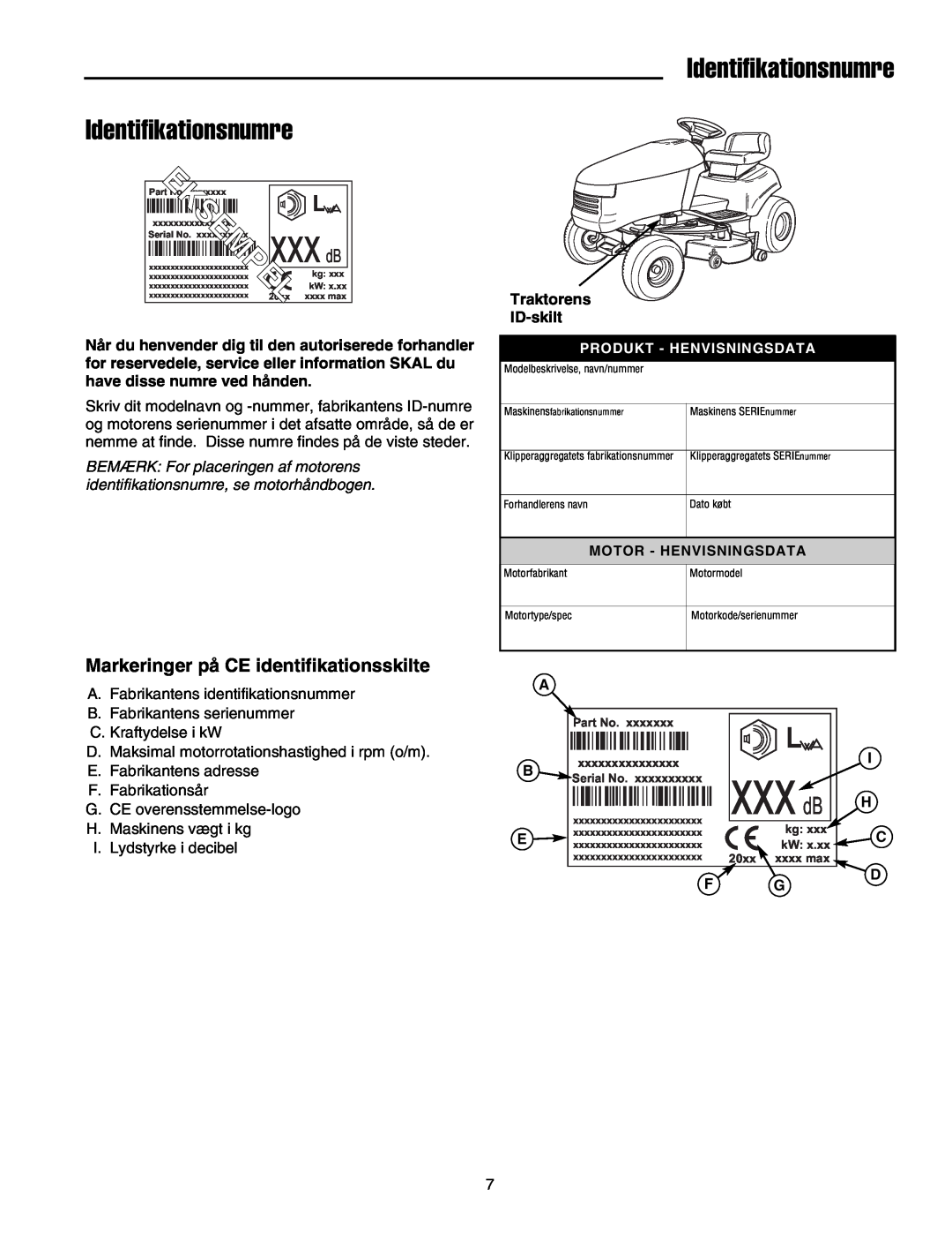 Simplicity 2690784 manual Identifikationsnumre, Markeringer på CE identifikationsskilte, xxxdB, xxx dB, Traktorens ID-skilt 