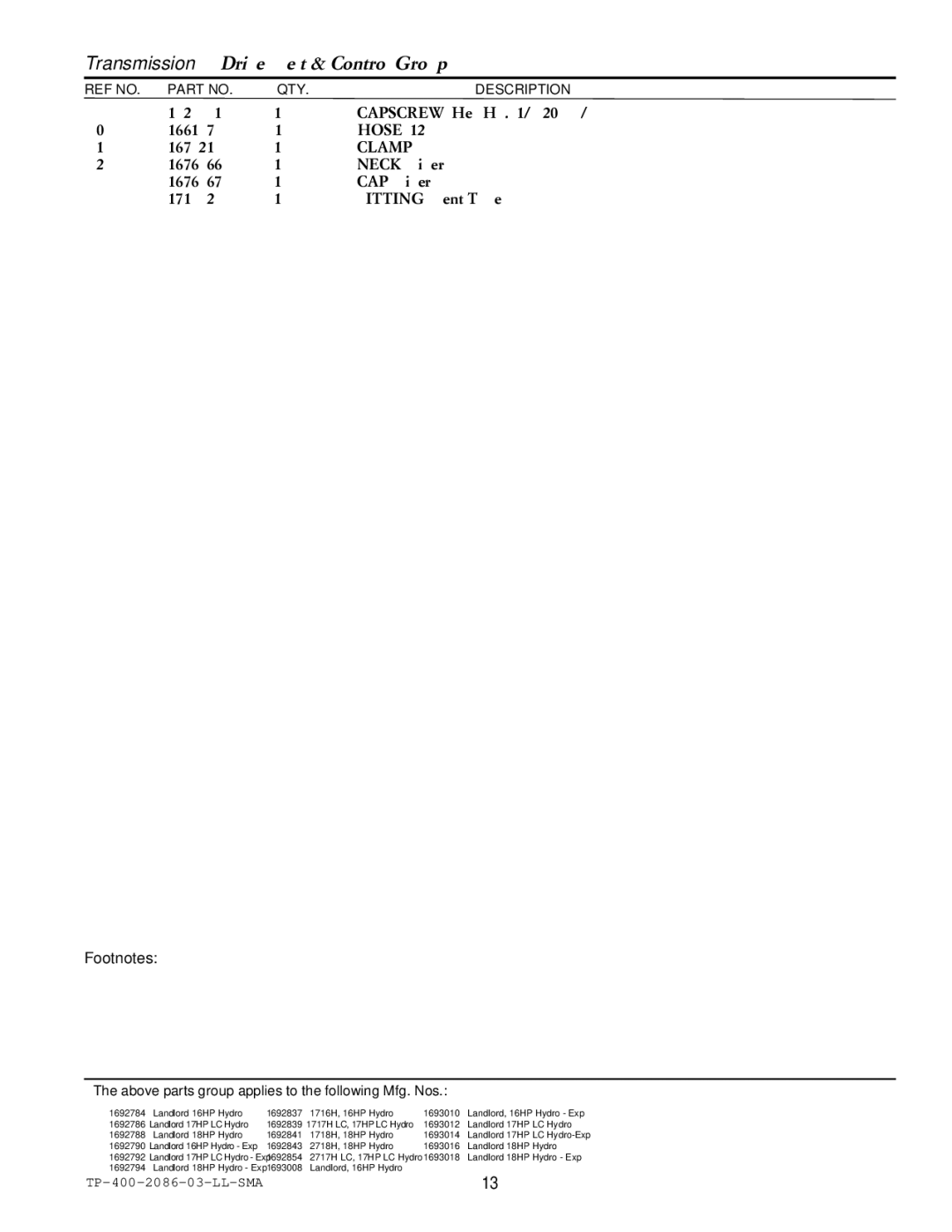 Simplicity 1700, 2700 manual CAPSCREW, Hex Hd., 1/4-20 x 3/4 166137 Hose 1679214 