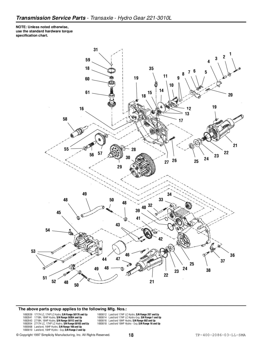 Simplicity 2700, 1700 manual Transmission Service Parts Transaxle Hydro Gear 221-3010L 