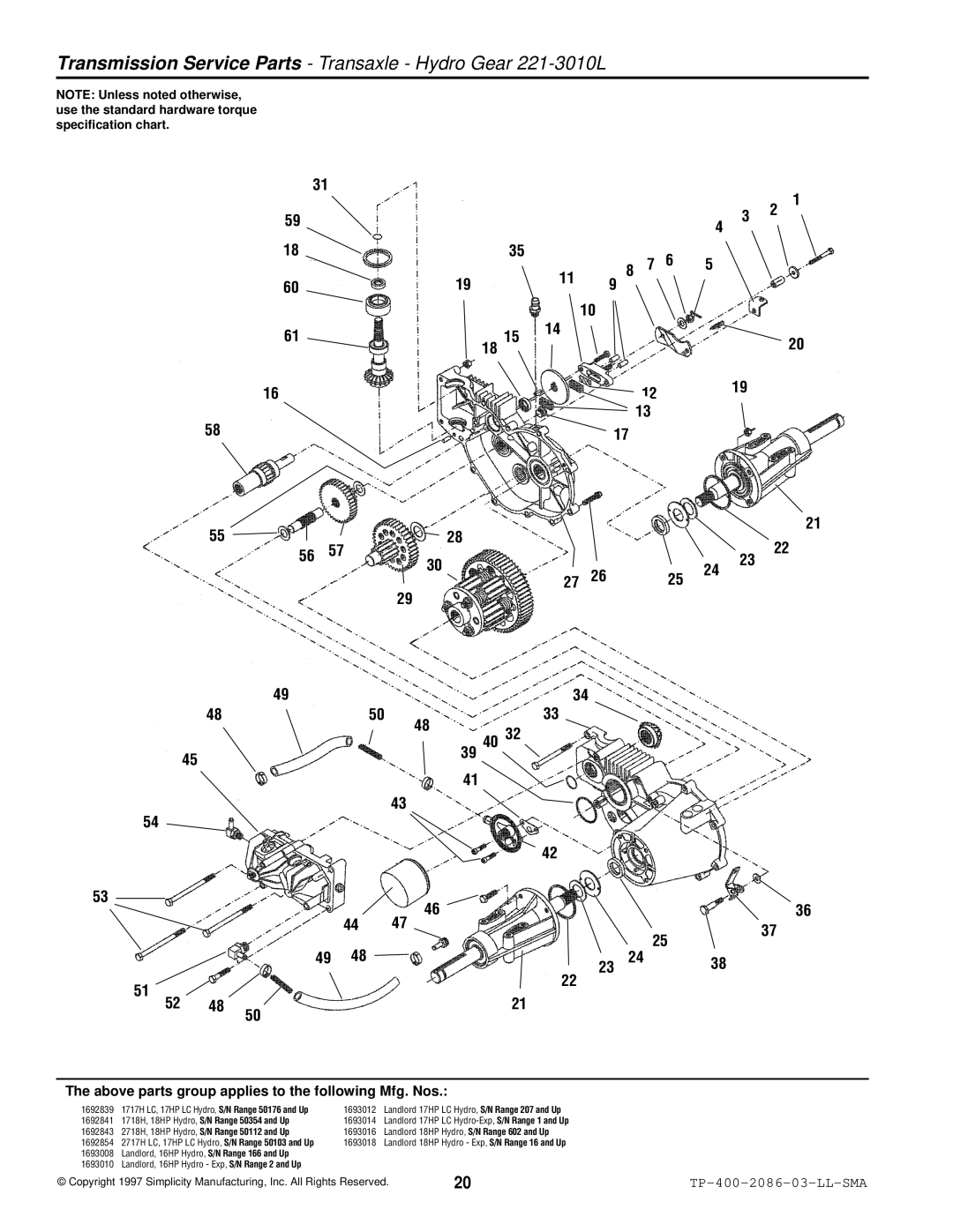 Simplicity 2700, 1700 manual Transmission Service Parts Transaxle Hydro Gear 221-3010L 