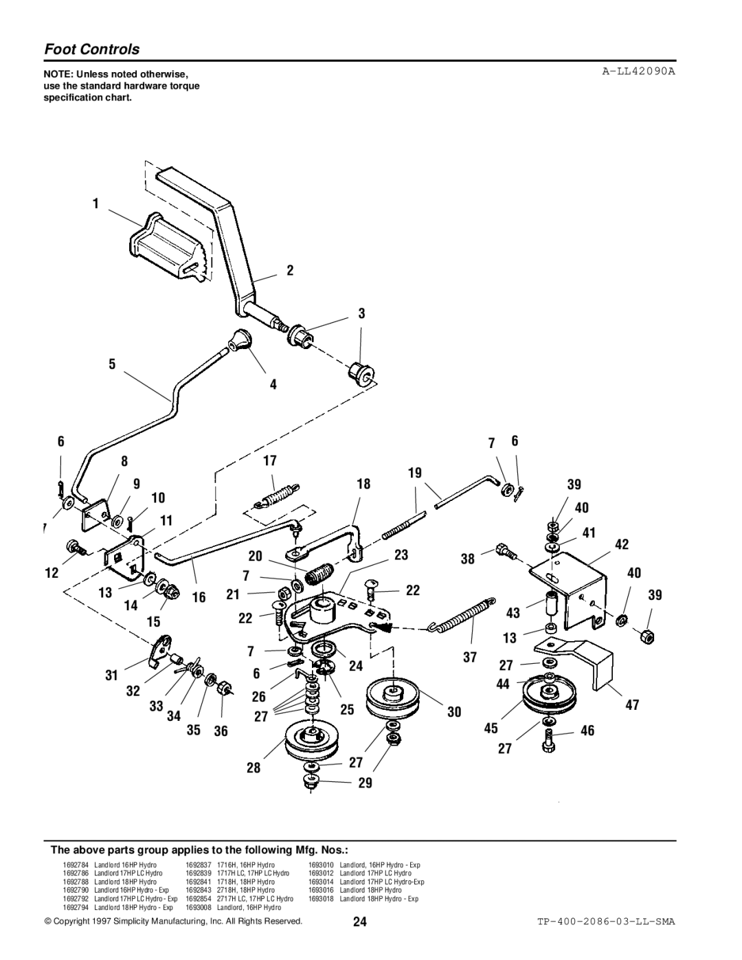 Simplicity 2700, 1700 manual Foot Controls, LL42090A 