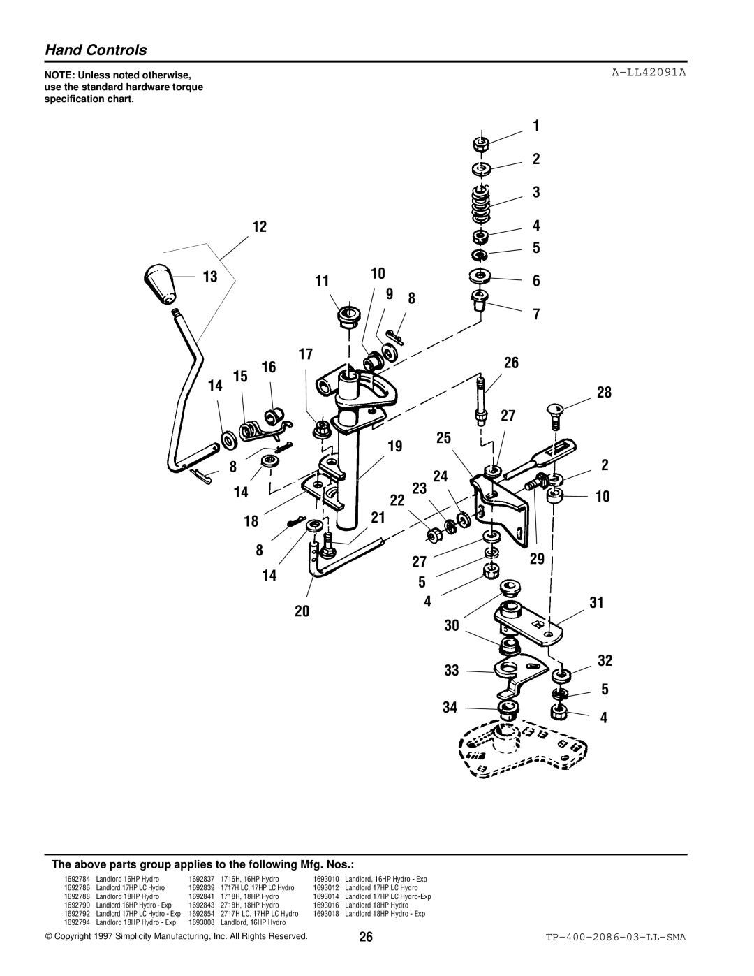 Simplicity 2700, 1700 manual Hand Controls, LL42091A 