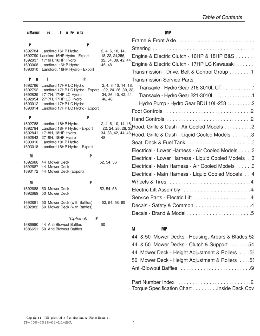 Simplicity 1700, 2700 manual Table of Contents 