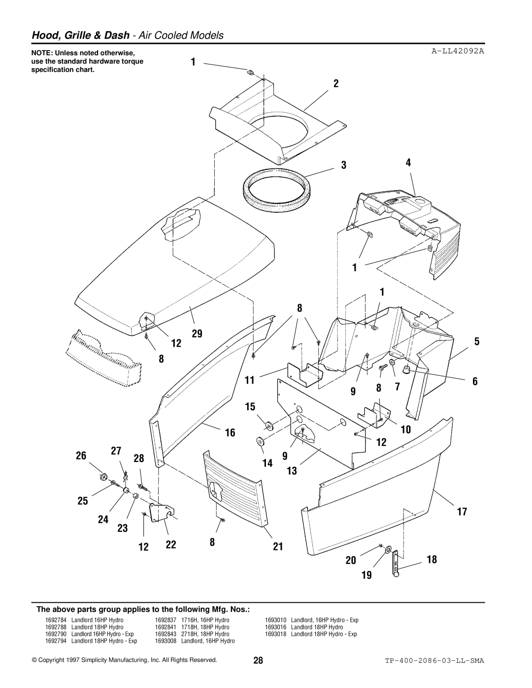 Simplicity 2700, 1700 manual Hood, Grille & Dash Air Cooled Models, LL42092A 