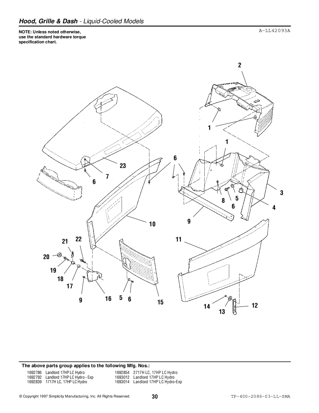 Simplicity 2700, 1700 manual Hood, Grille & Dash Liquid-Cooled Models, LL42093A 