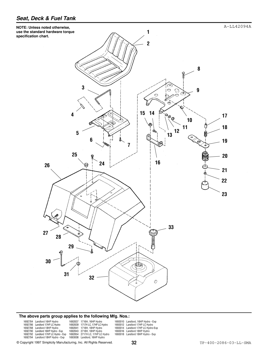 Simplicity 2700, 1700 manual Seat, Deck & Fuel Tank, LL42094A 