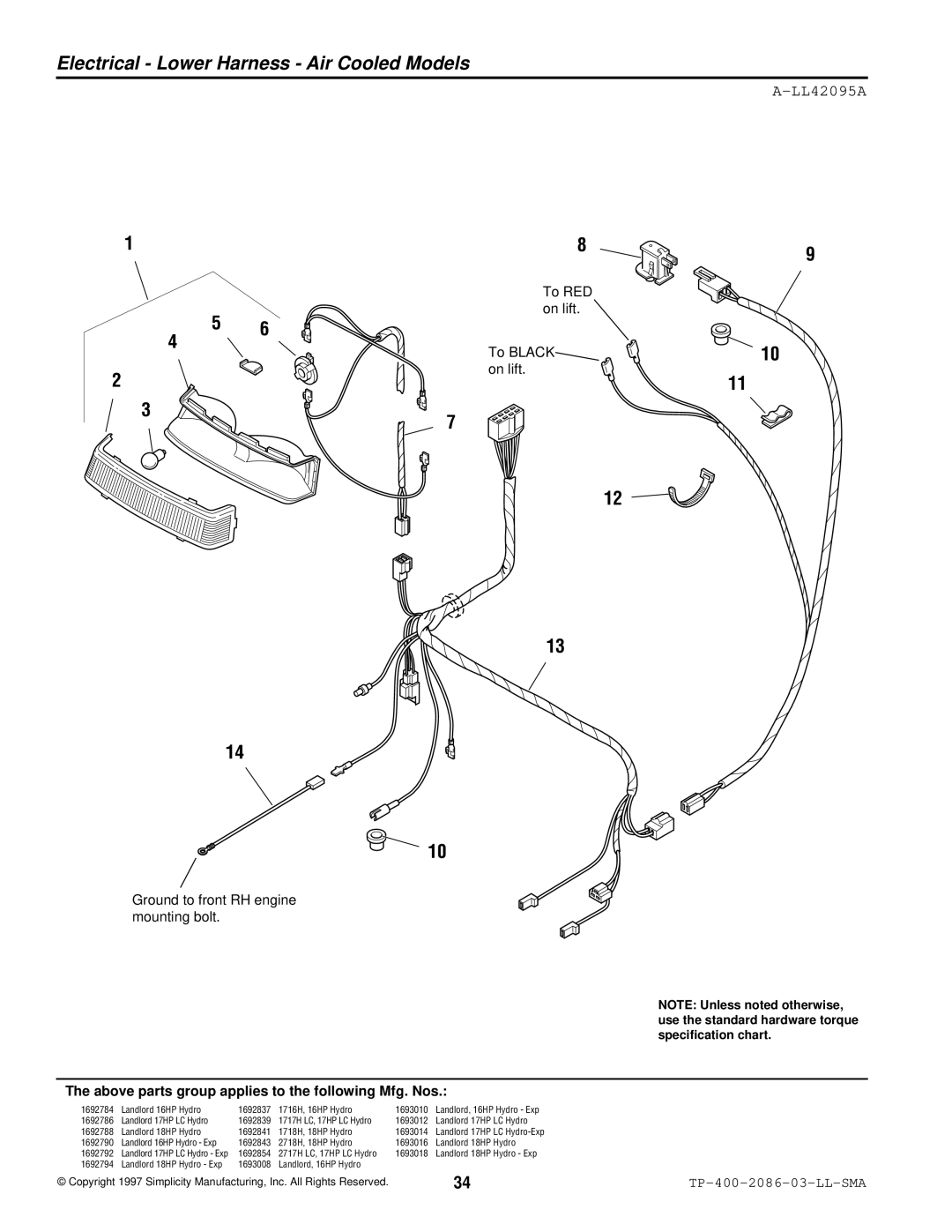 Simplicity 2700, 1700 manual Electrical Lower Harness Air Cooled Models, LL42095A 