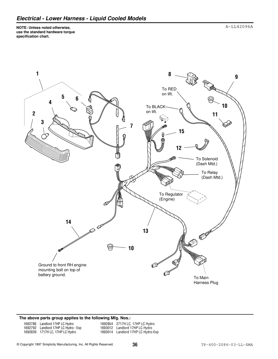 Simplicity 2700, 1700 manual Electrical Lower Harness Liquid Cooled Models, LL42096A 