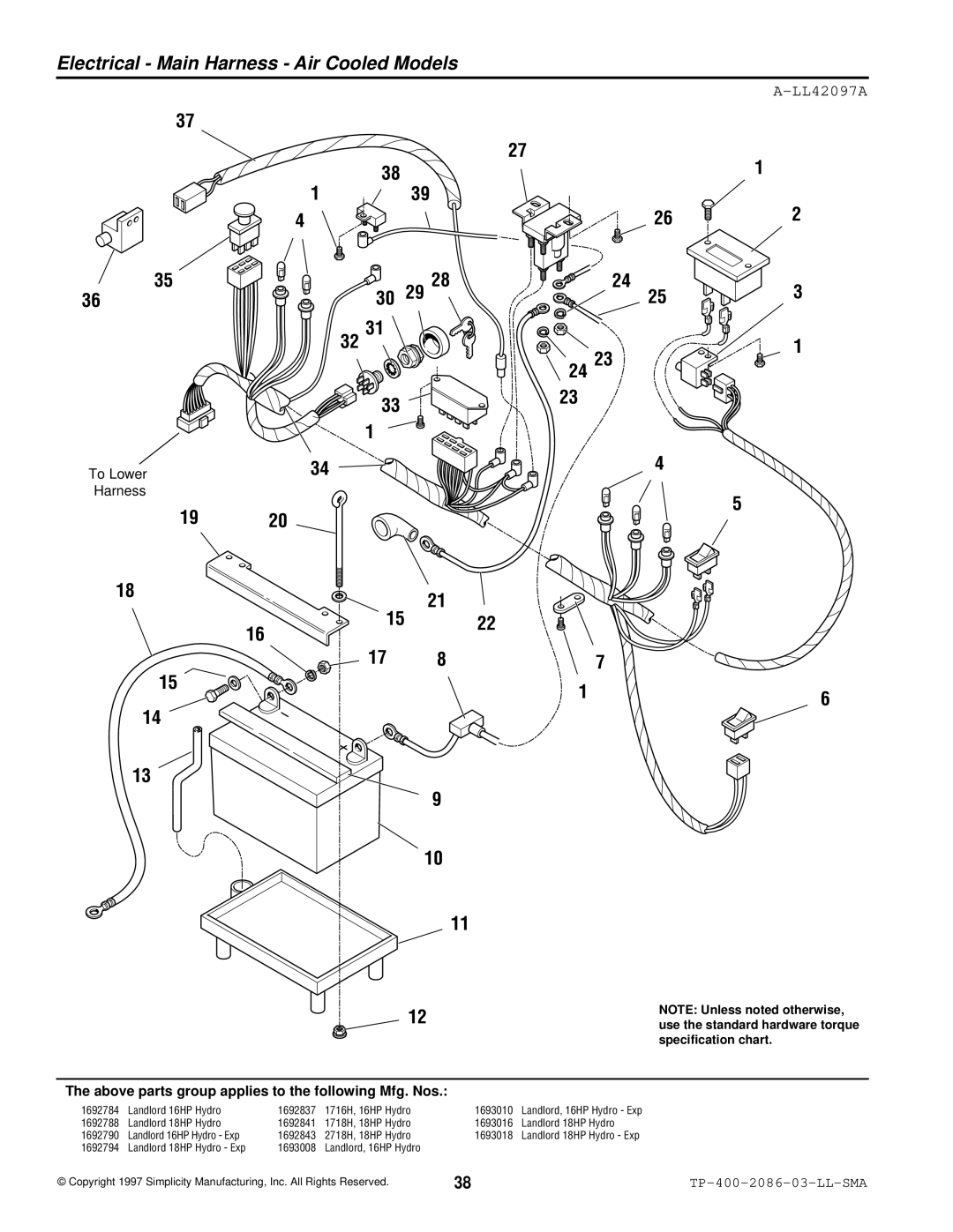 Simplicity 2700, 1700 manual Electrical Main Harness Air Cooled Models, Ed Ec 