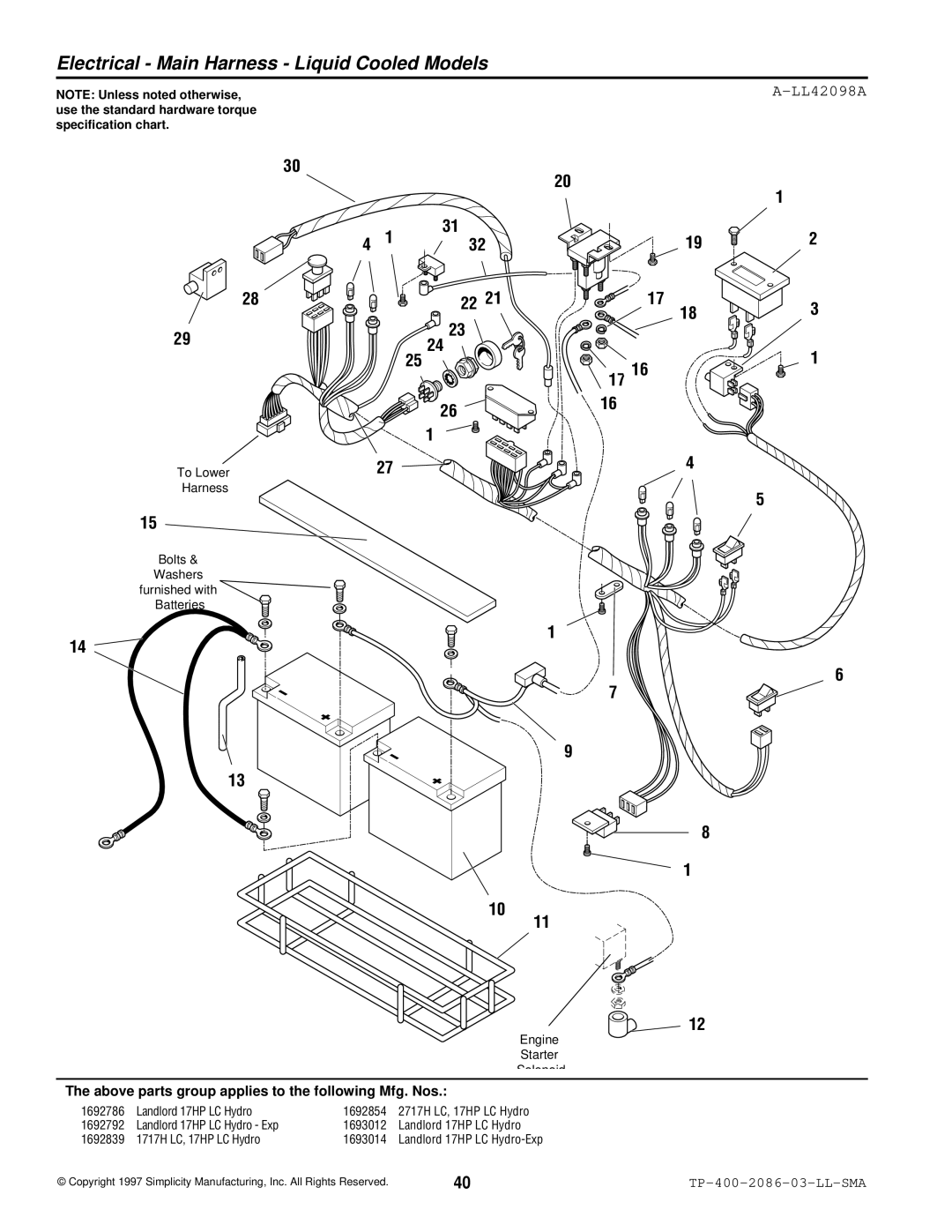 Simplicity 2700, 1700 manual Electrical Main Harness Liquid Cooled Models, LL42098A 