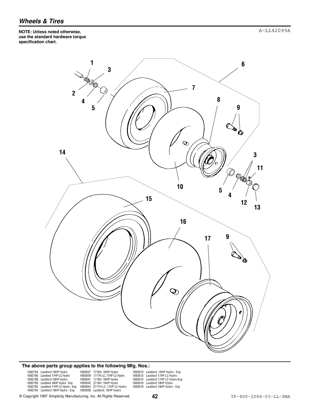 Simplicity 2700, 1700 manual Wheels & Tires, LL42099A 