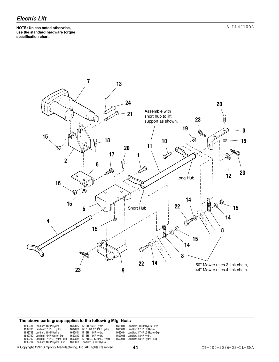 Simplicity 2700, 1700 manual Electric Lift, LL42100A 