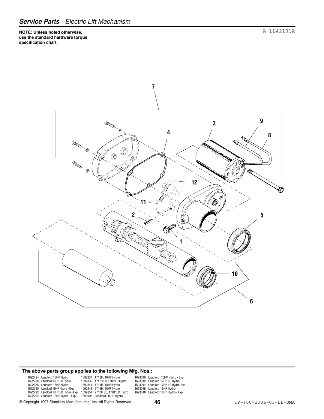 Simplicity 2700, 1700 manual Service Parts Electric Lift Mechanism, LL42101A 