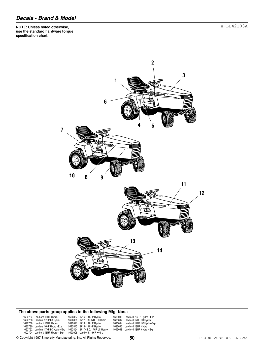 Simplicity 2700, 1700 manual Decals Brand & Model, LL42103A 