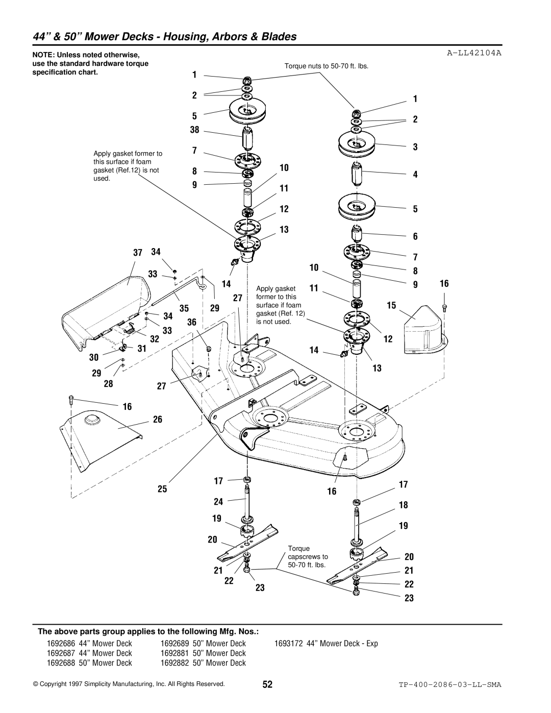 Simplicity 2700, 1700 manual 44 & 50 Mower Decks Housing, Arbors & Blades, LL42104A 