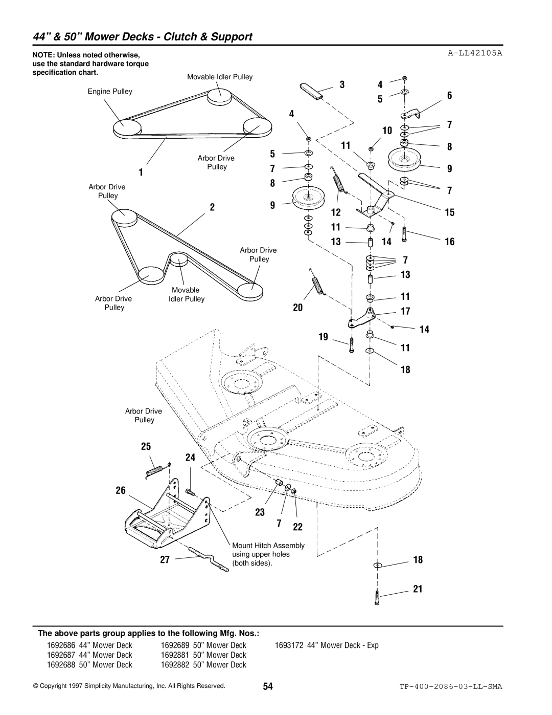 Simplicity 2700, 1700 manual 44 & 50 Mower Decks Clutch & Support, LL42105A 