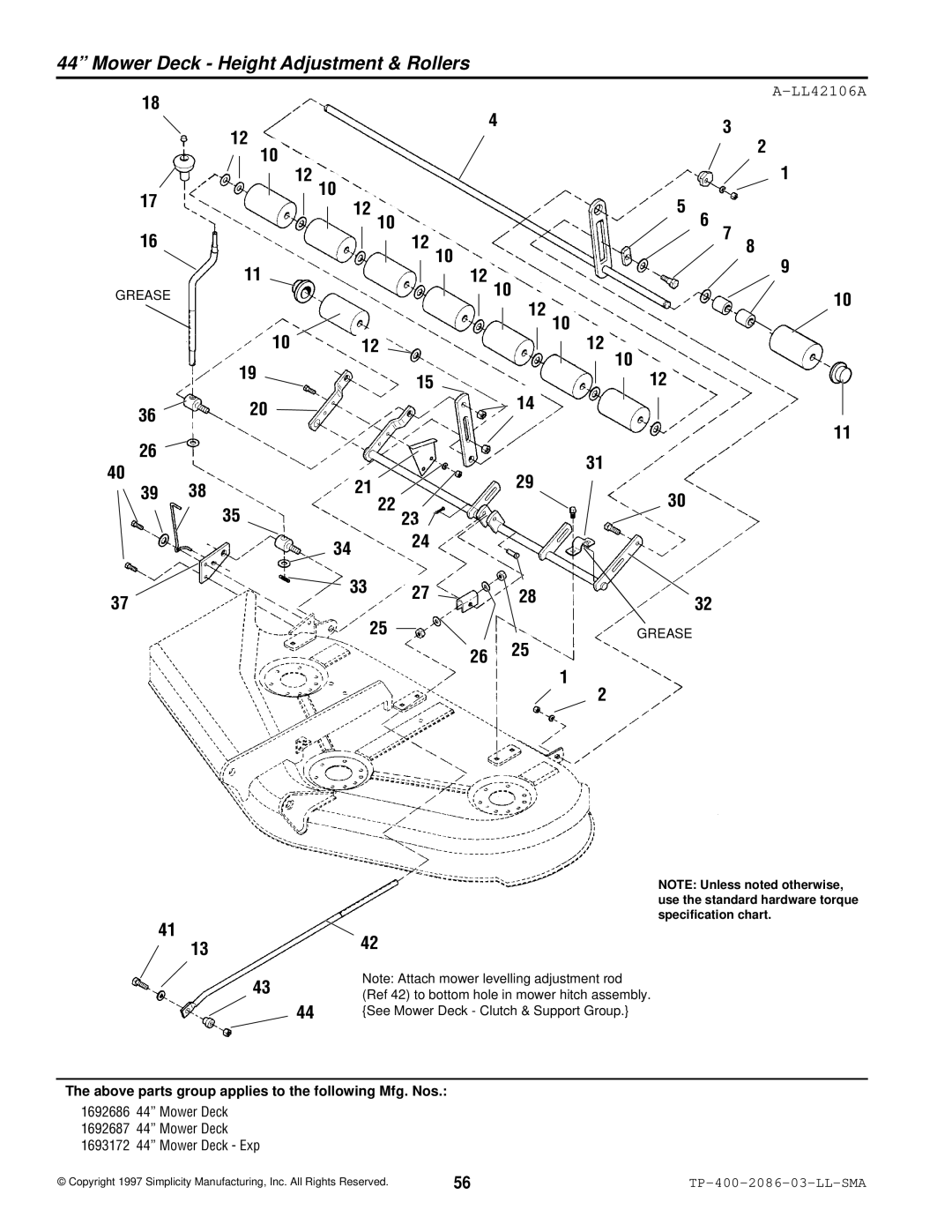 Simplicity 2700, 1700 manual Mower Deck Height Adjustment & Rollers, LL42106A 