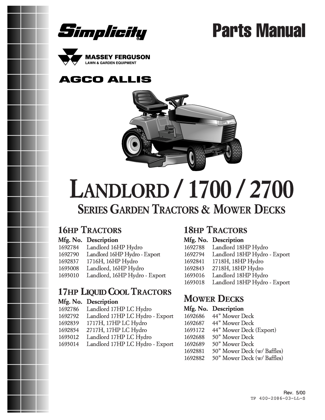 Simplicity 1700, 2700 manual Landlord, Parts Manual, Series Garden Tractors & Mower Decks, 16HP TRACTORS, 18HP TRACTORS 