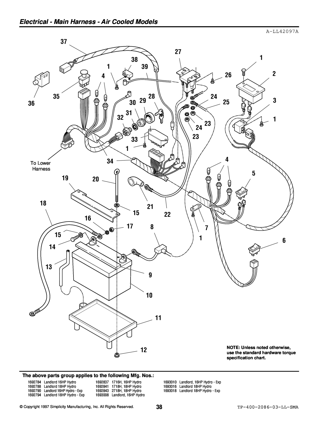 Simplicity 2700, 1700 manual Electrical - Main Harness - Air Cooled Models, Ek Cel, Ed Ec, Dg E 