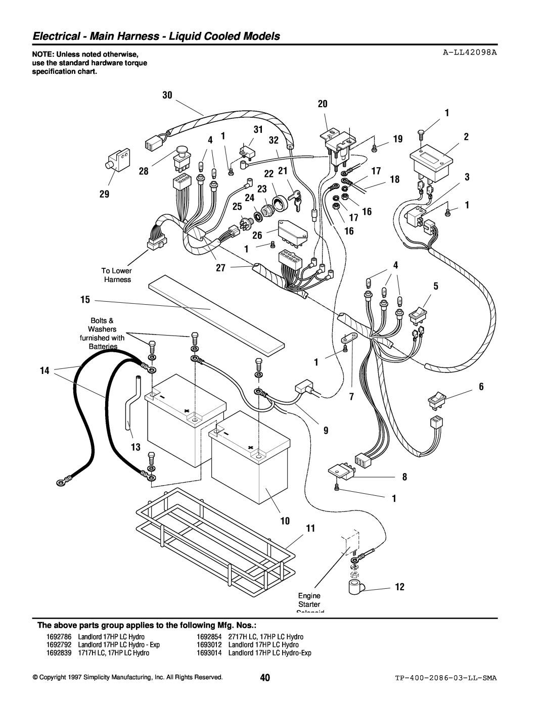 Simplicity 2700, 1700 manual Electrical - Main Harness - Liquid Cooled Models, Ci Ck Ci Ch 