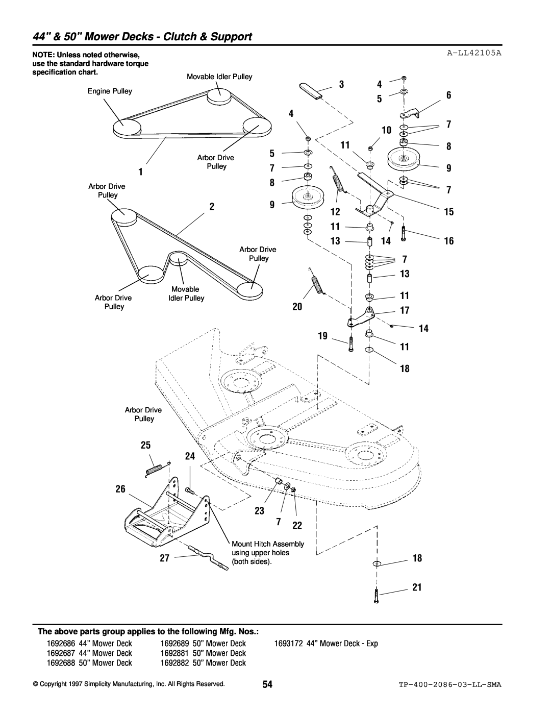 Simplicity 2700, 1700 manual 44” & 50” Mower Decks - Clutch & Support 