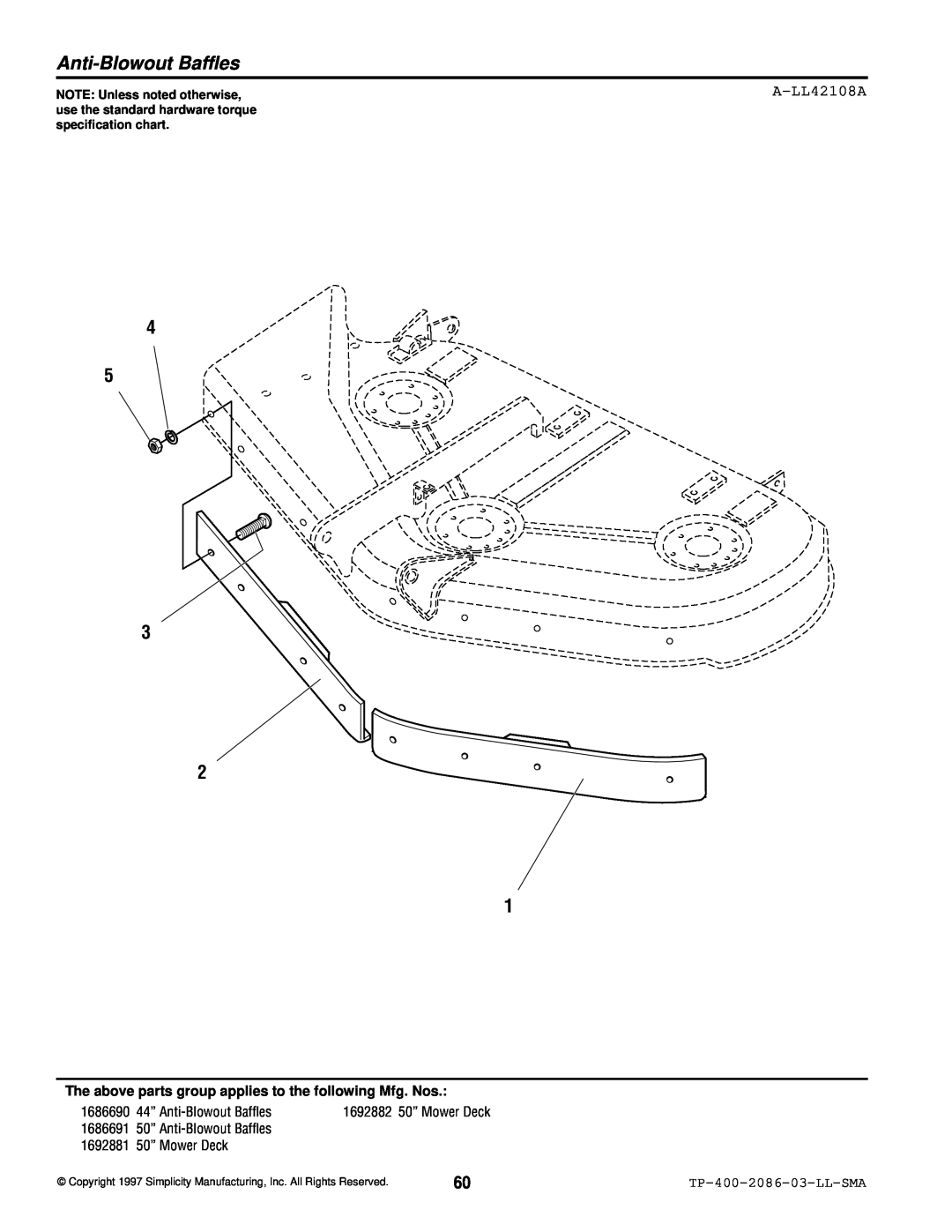 Simplicity 2700, 1700 manual Anti-BlowoutBaffles, A-LL42108A, TP-400-2086-03-LL-SMA, 1692882 50” Mower Deck 